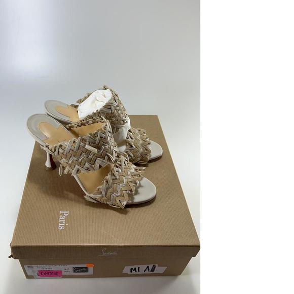 Meroine 85mm raffia Tan Woven fringe heels mules D983 - Picture 2 of 11